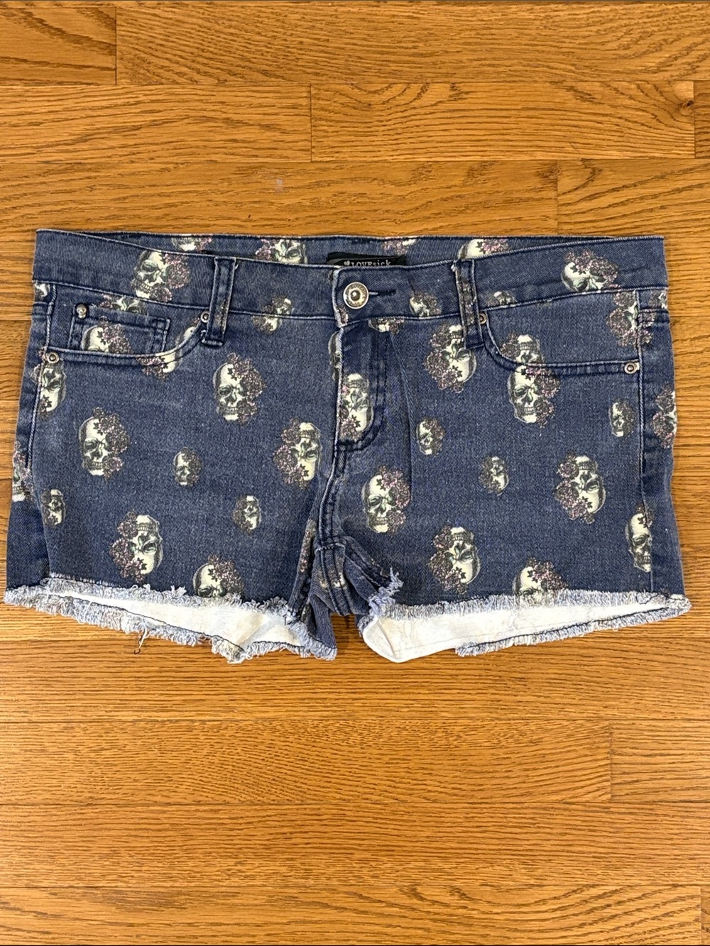 Hot Topic | Lovesick Jean Shorts Printed Floral Skulls Size 11 Frayed Bottoms